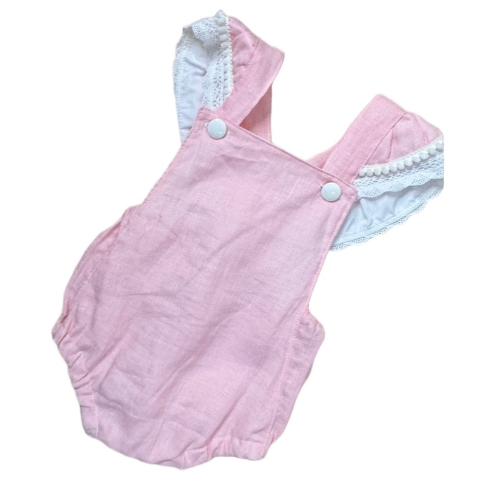 Little Badger Pink Ruffle Bubble Romper 12M Linen Blend Lace Baby Boutique - Picture 2 of 6